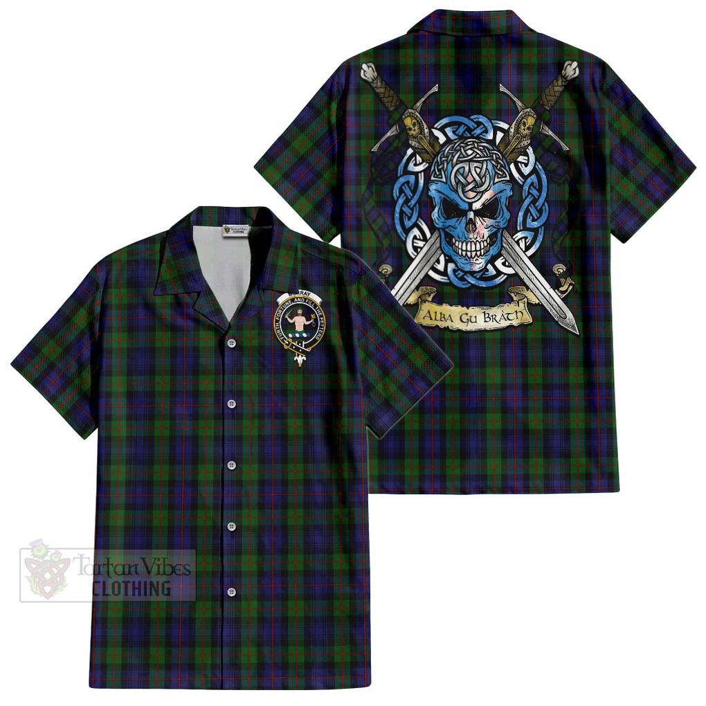 Tartan Vibes Clothing Murray Tartan Short Sleeve Button Shirt with Family Crest Celtic Skull Style