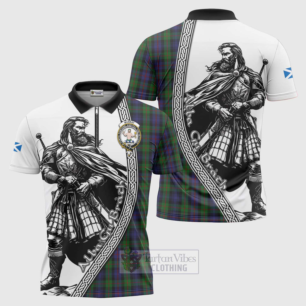 Tartan Vibes Clothing Murray Tartan Clan Crest Zipper Polo Shirt with Highlander Warrior Celtic Style