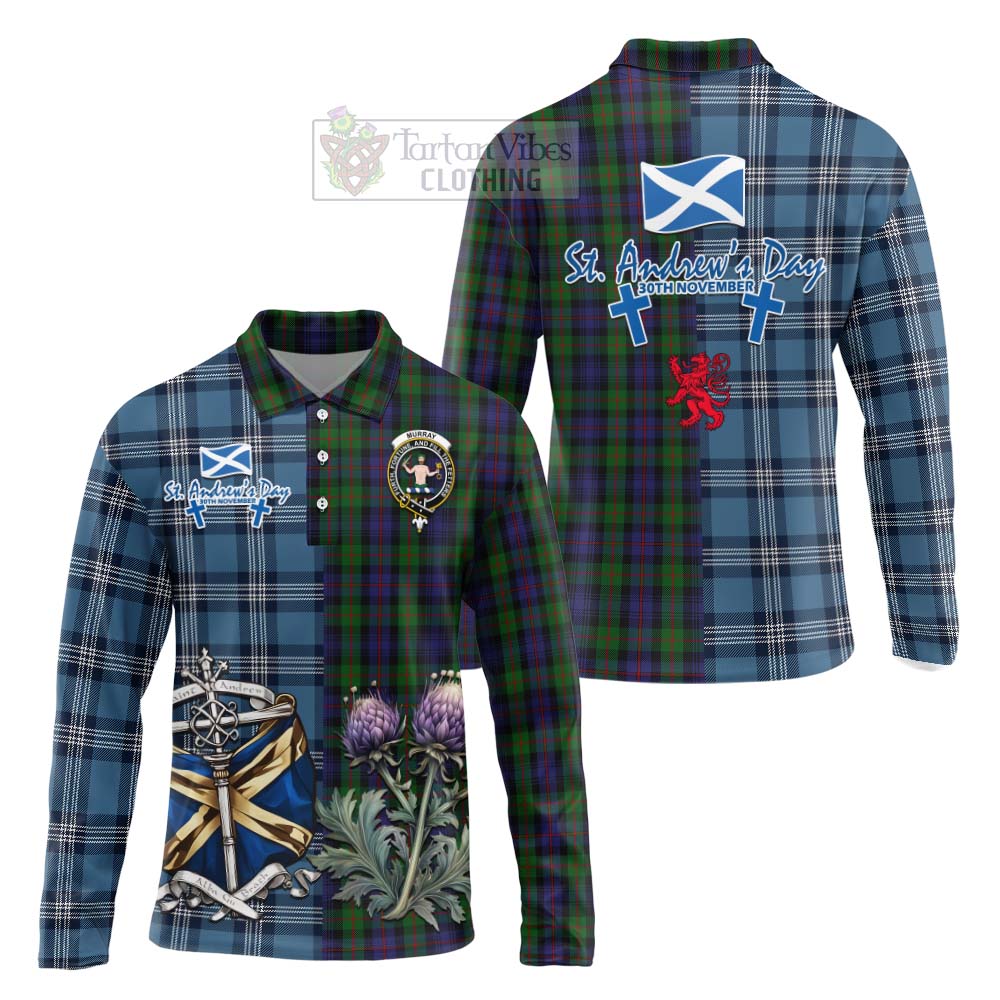 Tartan Vibes Clothing Murray Tartan Long Sleeve Polo Shirt Happy St. Andrew's Day Half Tartan Style