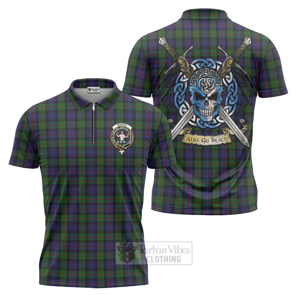 Tartan Vibes Clothing Murray Tartan Zipper Polo Shirt with Family Crest Celtic Skull Style