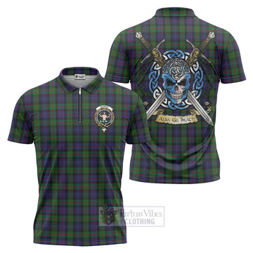 Murray Tartan Zipper Polo Shirt with Family Crest Celtic Skull Style