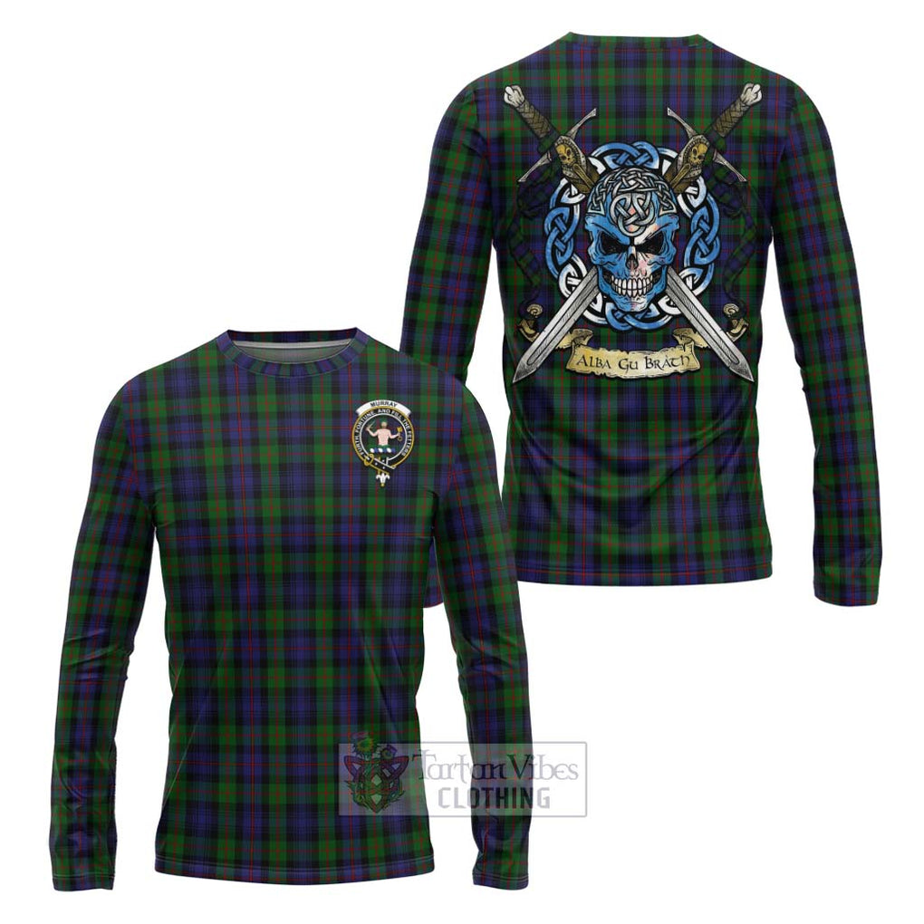 Tartan Vibes Clothing Murray Tartan Long Sleeve T-Shirt with Family Crest Celtic Skull Style