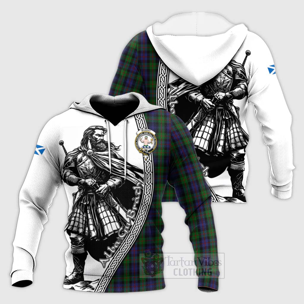 Tartan Vibes Clothing Murray Tartan Clan Crest Knitted Hoodie with Highlander Warrior Celtic Style