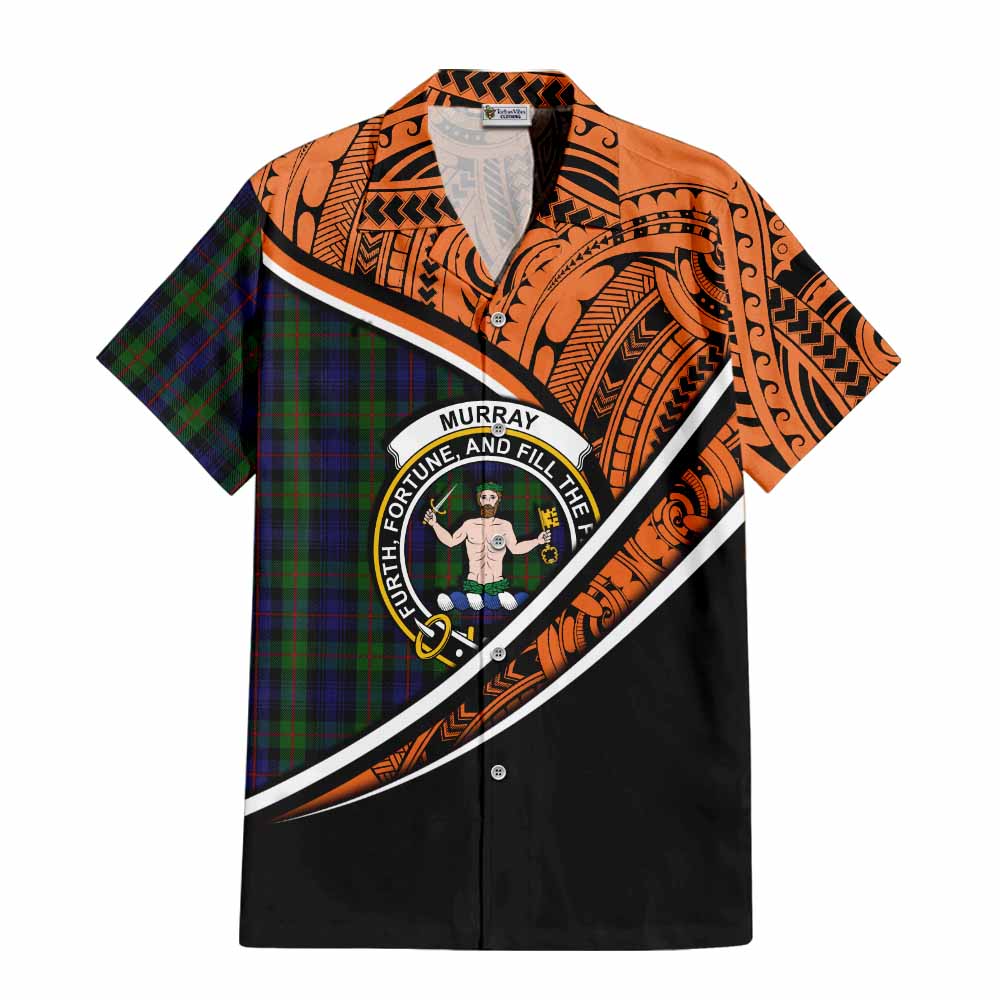 Tartan Vibes Clothing Murray Crest Tartan Short Sleeve Button Shirt with Maori Tattoo Style - Orange Version