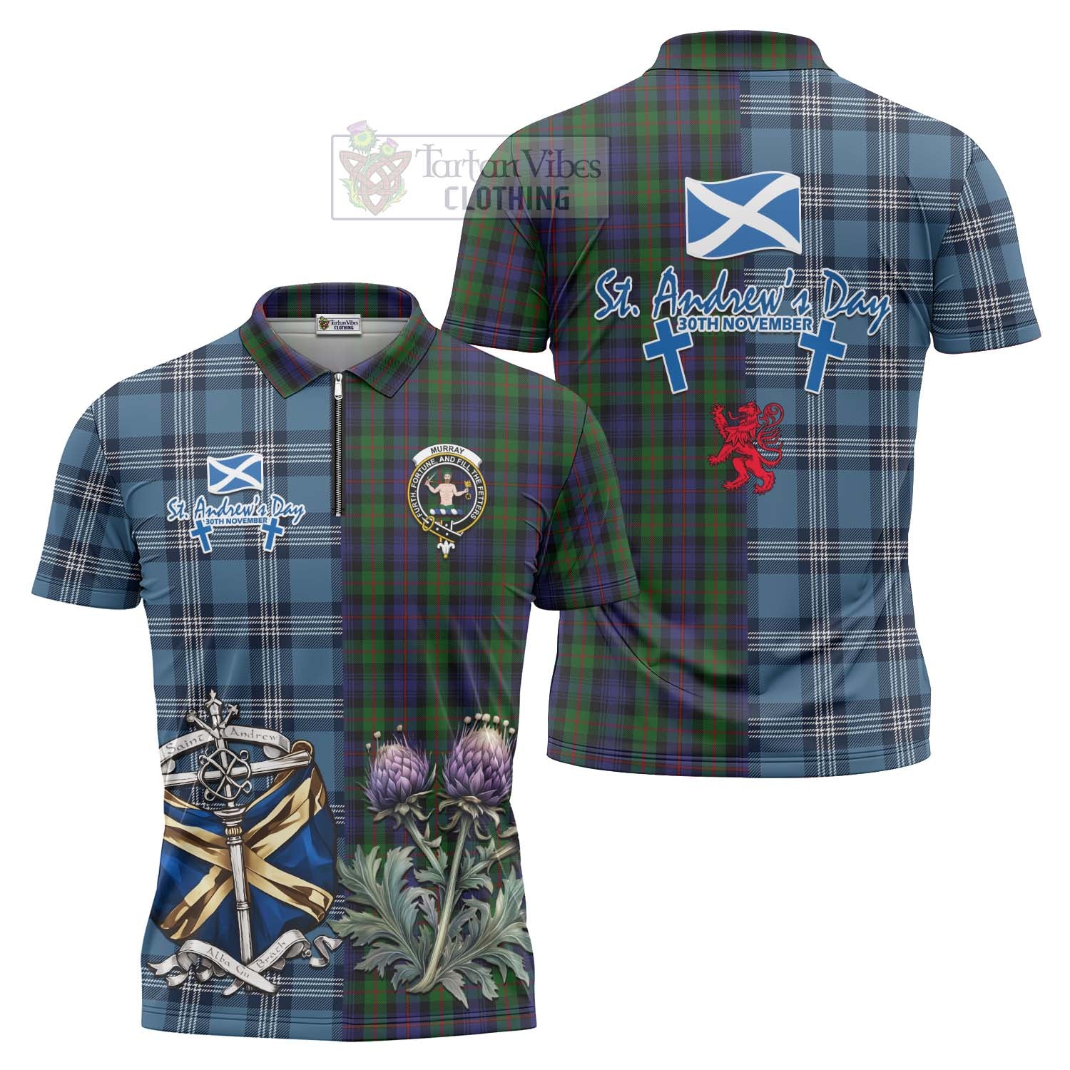 Tartan Vibes Clothing Murray Tartan Zipper Polo Shirt Happy St. Andrew's Day Half Tartan Style