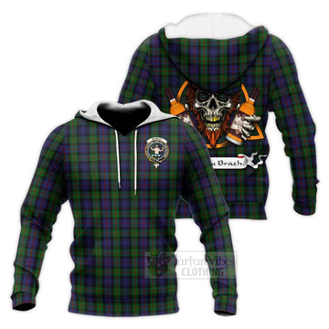 Murray Tartan Knitted Hoodie with Family Crest and Bearded Skull Holding Bottles of Whiskey