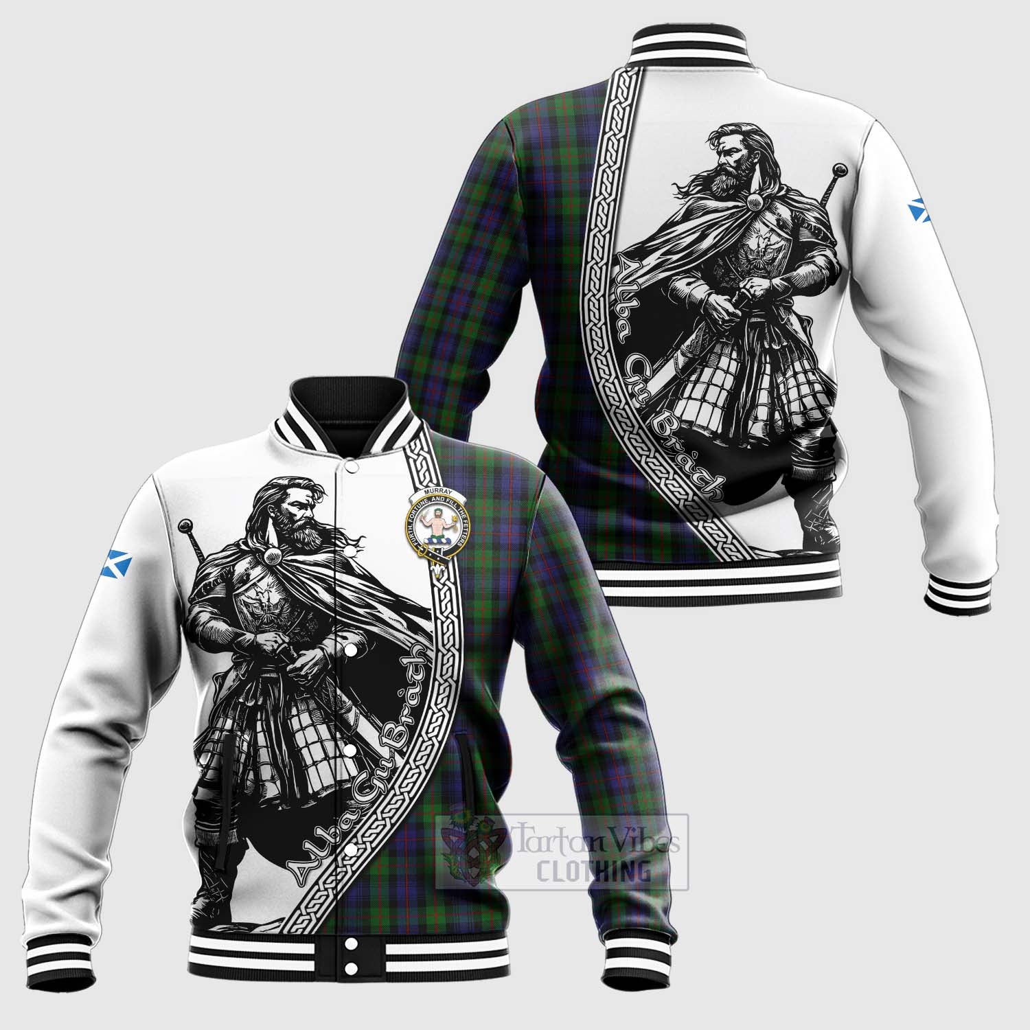 Tartan Vibes Clothing Murray Tartan Clan Crest Baseball Jacket with Highlander Warrior Celtic Style