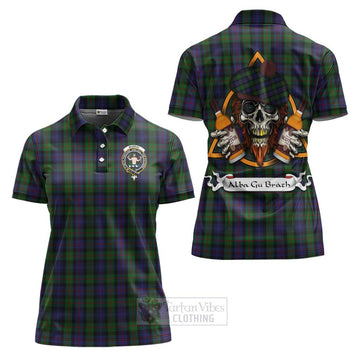 Murray Tartan Women's Polo Shirt with Family Crest and Bearded Skull Holding Bottles of Whiskey