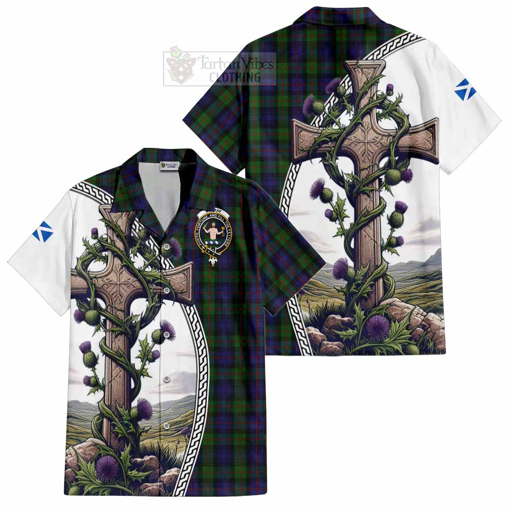 Tartan Vibes Clothing Murray Tartan Short Sleeve Button Shirt with Family Crest and St. Andrew's Cross Accented by Thistle Vines