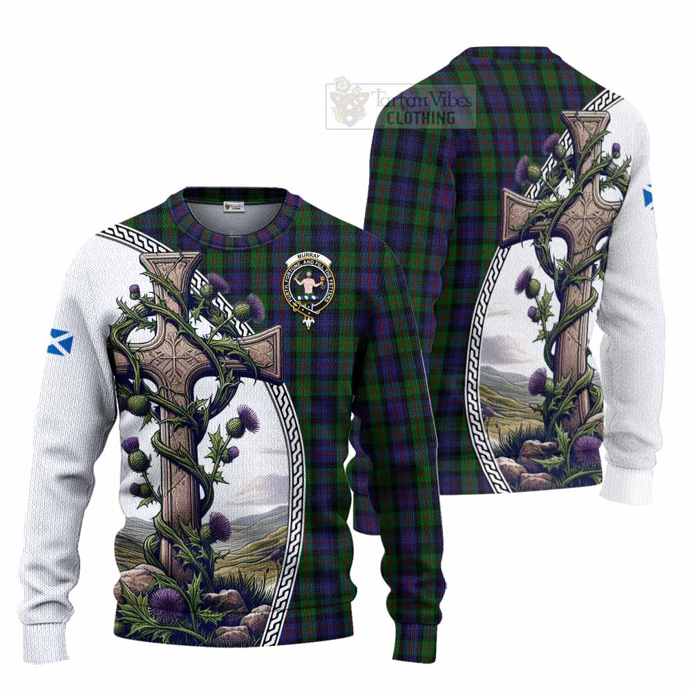 Tartan Vibes Clothing Murray Tartan Knitted Sweater with Family Crest and St. Andrew's Cross Accented by Thistle Vines