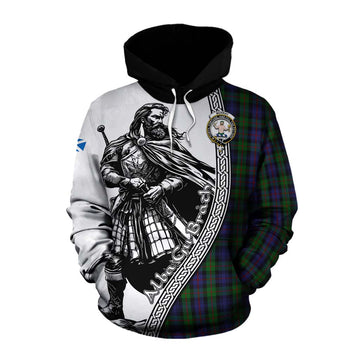 Murray Tartan Clan Crest Cotton Hoodie with Highlander Warrior Celtic Style