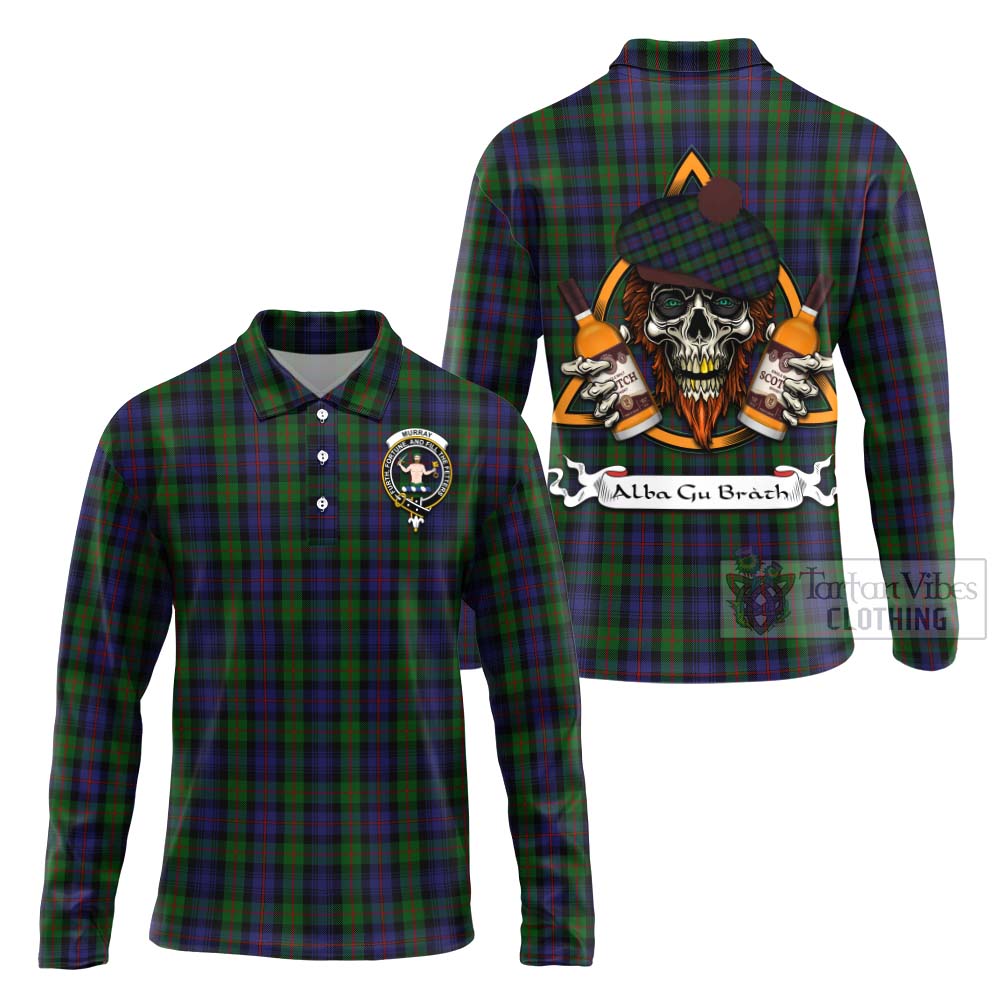 Tartan Vibes Clothing Murray Tartan Long Sleeve Polo Shirt with Family Crest and Bearded Skull Holding Bottles of Whiskey