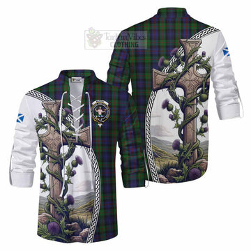 Murray Tartan Ghillie Kilt Shirt with Family Crest and St. Andrew's Cross Accented by Thistle Vines