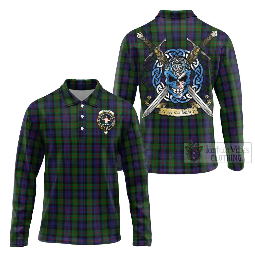 Tartan Vibes Clothing Murray Tartan Long Sleeve Polo Shirt with Family Crest Celtic Skull Style