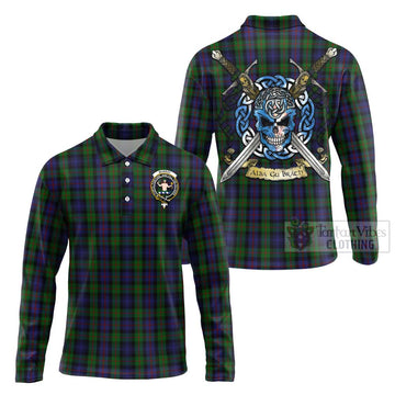 Murray Tartan Long Sleeve Polo Shirt with Family Crest Celtic Skull Style