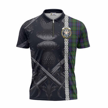 Murray Tartan Zipper Polo Shirt with Family Crest Cross Sword Thistle Celtic Vibes