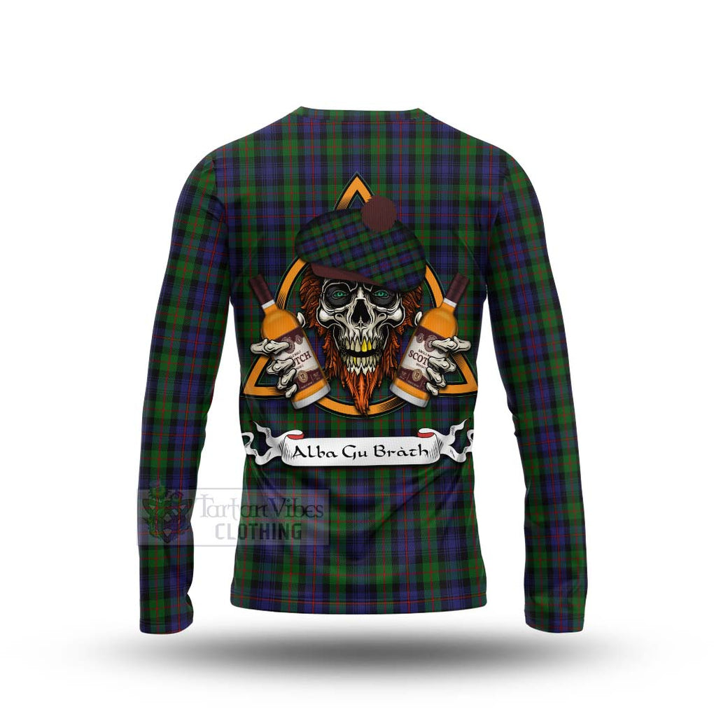 Tartan Vibes Clothing Murray Tartan Long Sleeve T-Shirt with Family Crest and Bearded Skull Holding Bottles of Whiskey