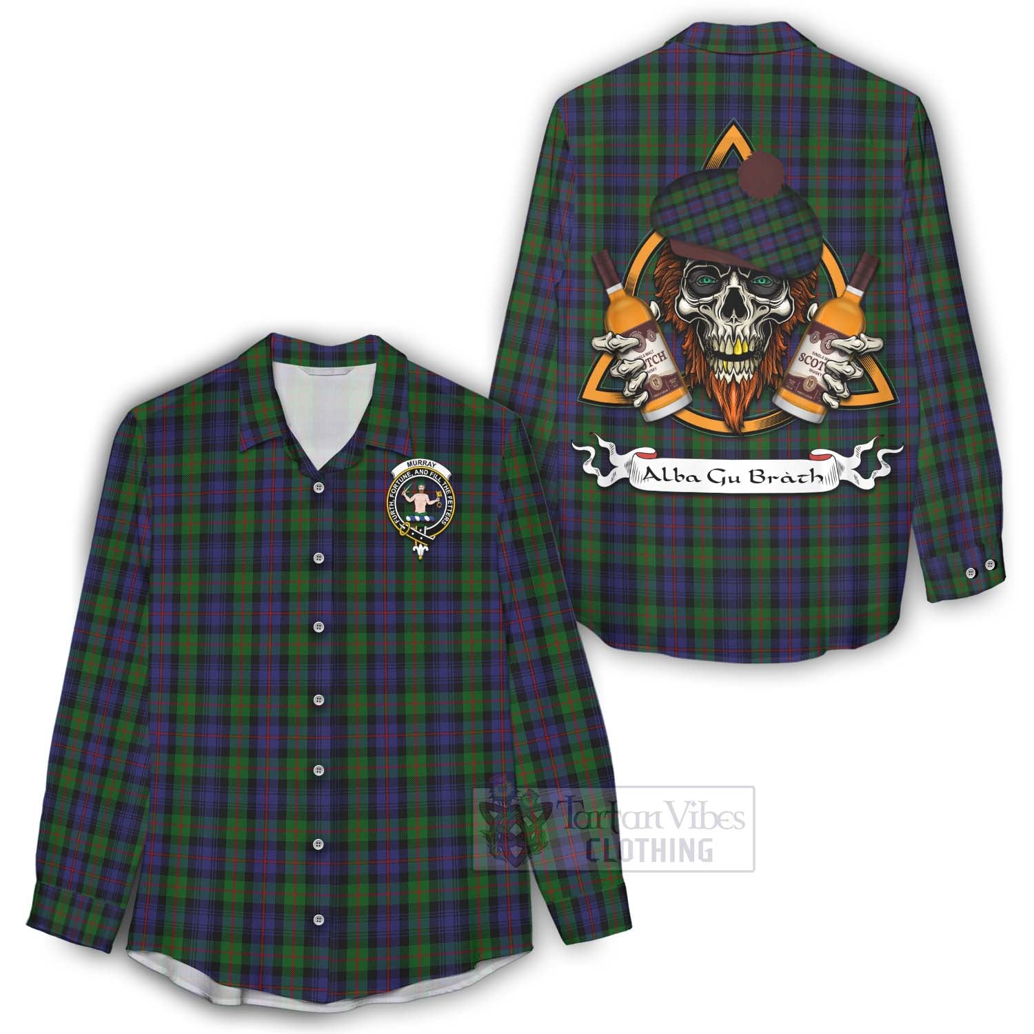 Tartan Vibes Clothing Murray Tartan Women's Casual Shirt with Family Crest and Bearded Skull Holding Bottles of Whiskey