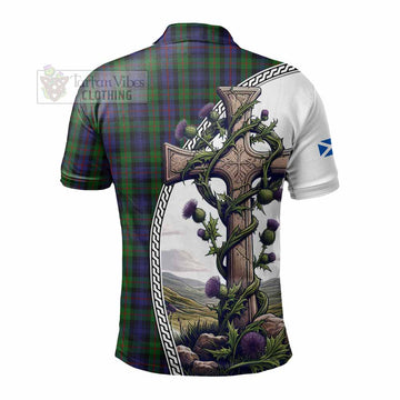Murray Tartan Polo Shirt with Family Crest and St. Andrew's Cross Accented by Thistle Vines - Tartan Vibes Clothing