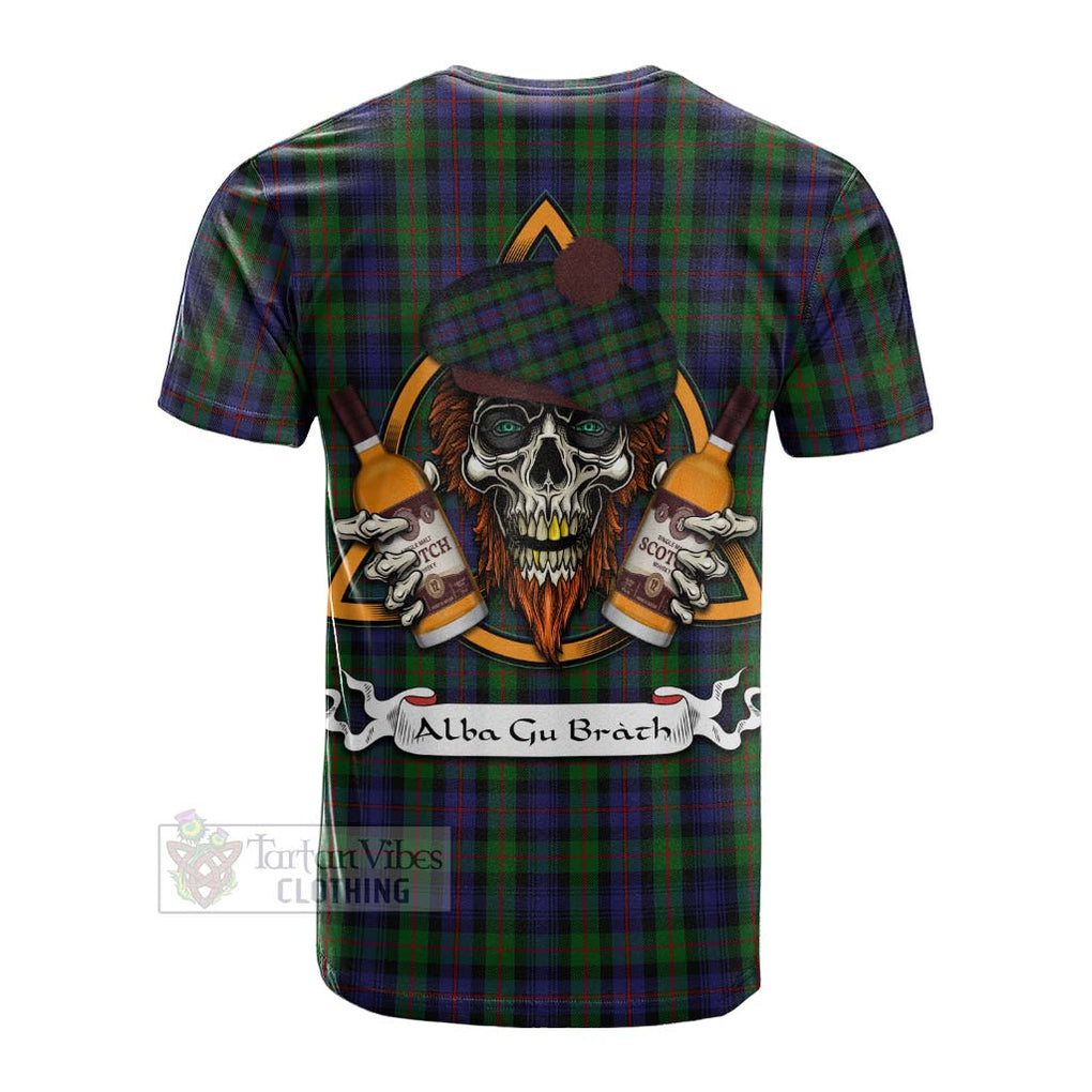 Tartan Vibes Clothing Murray Tartan Cotton T-shirt with Family Crest and Bearded Skull Holding Bottles of Whiskey