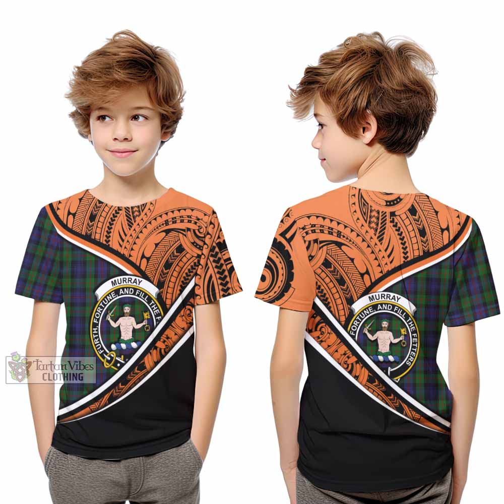 Tartan Vibes Clothing Murray Crest Tartan Kid T-Shirt with Maori Tattoo Style - Orange Version