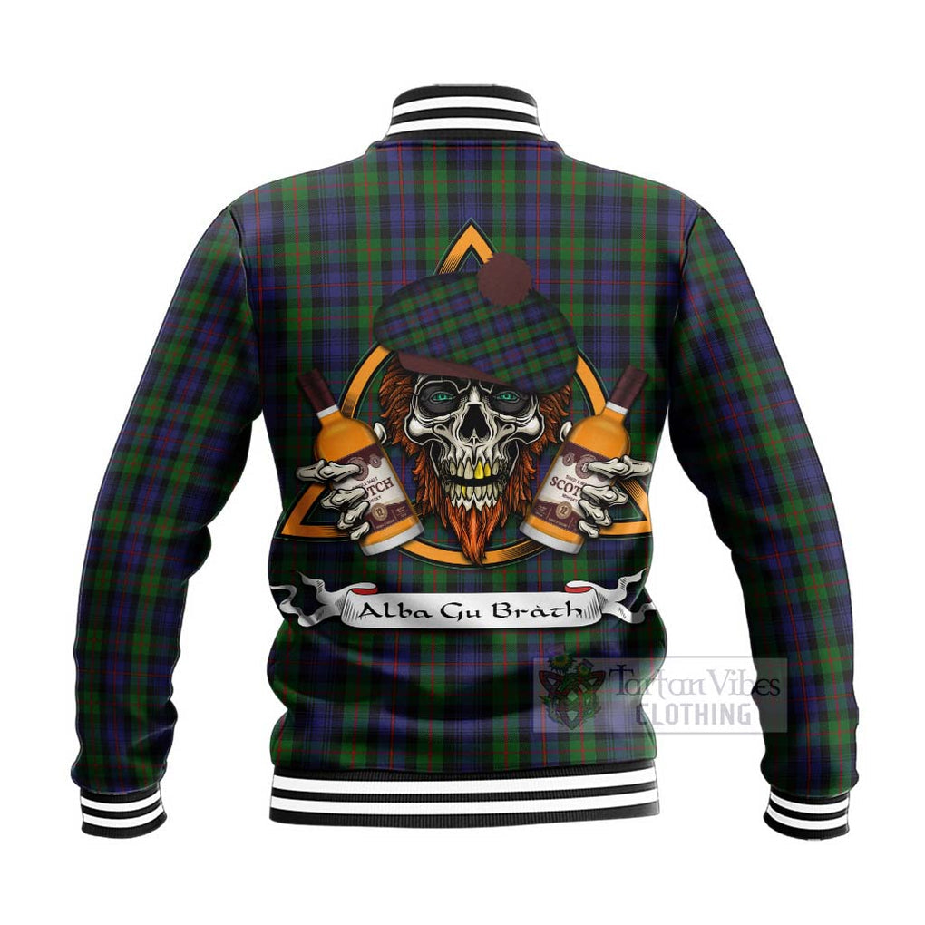 Tartan Vibes Clothing Murray Tartan Baseball Jacket with Family Crest and Bearded Skull Holding Bottles of Whiskey