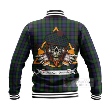 Murray Tartan Baseball Jacket with Family Crest and Bearded Skull Holding Bottles of Whiskey