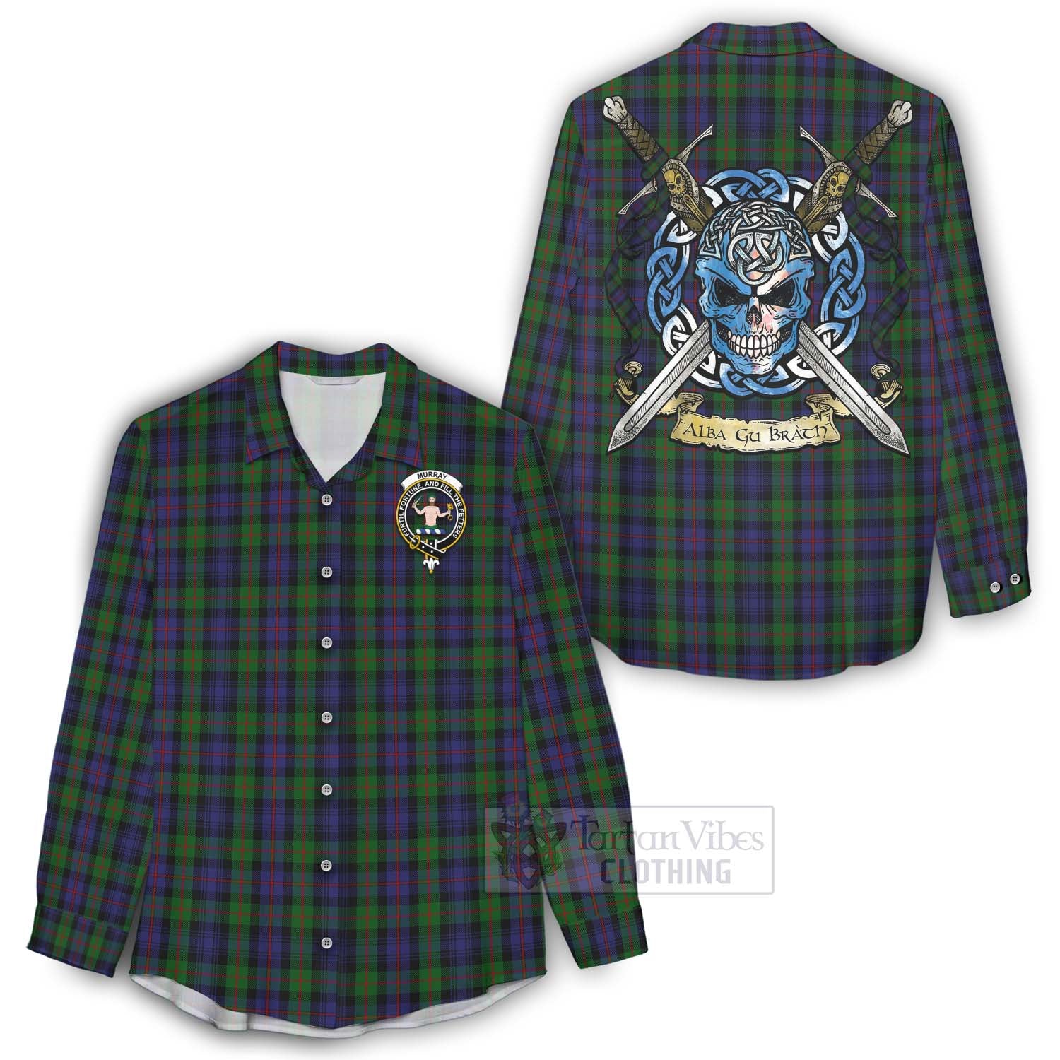 Tartan Vibes Clothing Murray Tartan Women's Casual Shirt with Family Crest Celtic Skull Style