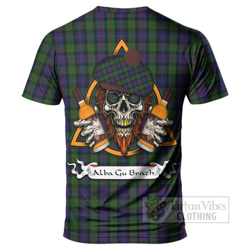 Murray Tartan T-Shirt with Family Crest and Bearded Skull Holding Bottles of Whiskey