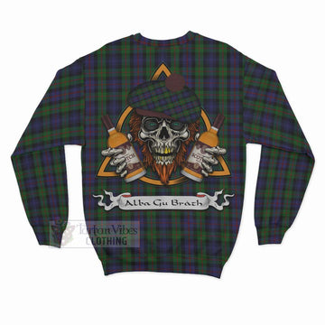 Murray Tartan Sweatshirt with Family Crest and Bearded Skull Holding Bottles of Whiskey