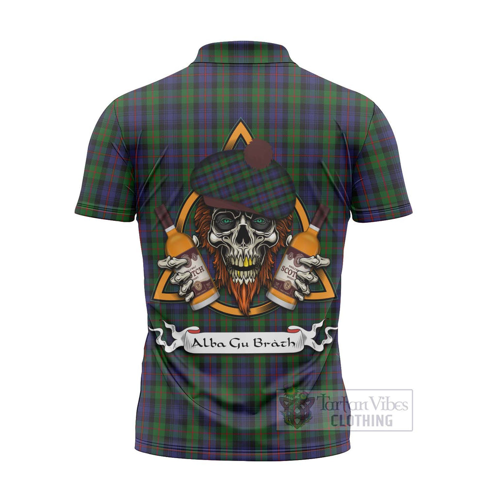 Tartan Vibes Clothing Murray Tartan Zipper Polo Shirt with Family Crest and Bearded Skull Holding Bottles of Whiskey