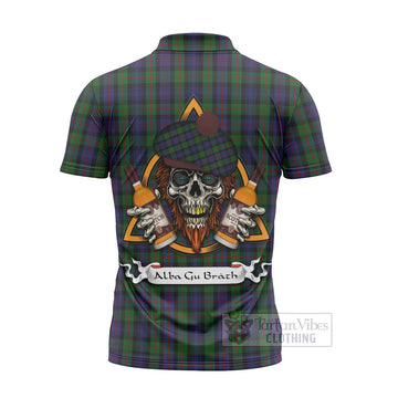 Murray Tartan Zipper Polo Shirt with Family Crest and Bearded Skull Holding Bottles of Whiskey