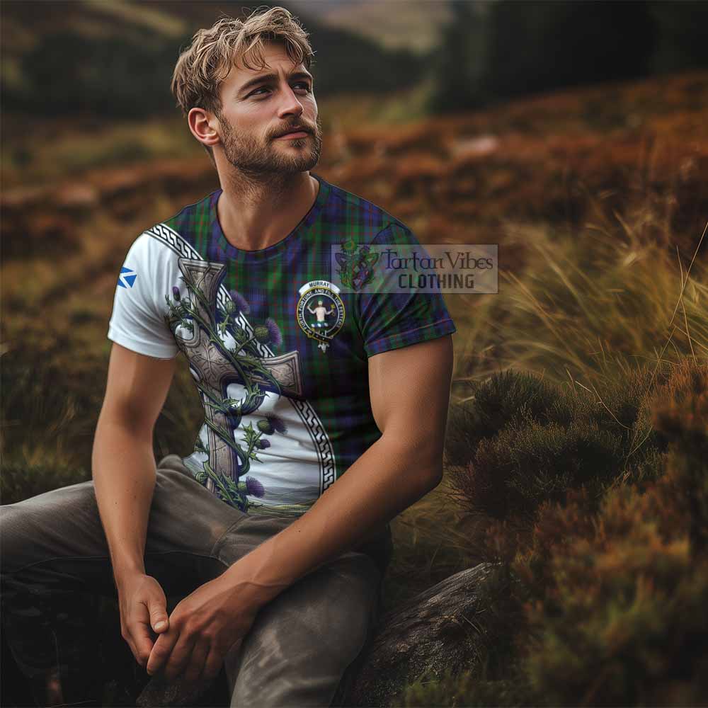 Tartan Vibes Clothing Murray Agnew Tartan T-Shirt with Family Crest and St. Andrew's Cross Accented by Thistle Vines