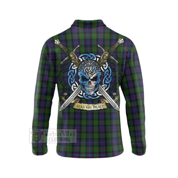 Murray Tartan Long Sleeve Polo Shirt with Family Crest Celtic Skull Style