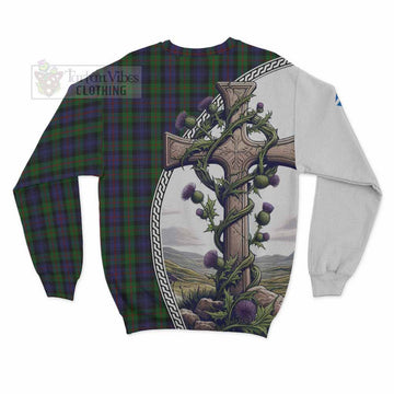 Murray Tartan Sweatshirt with Family Crest and St. Andrew's Cross Accented by Thistle Vines