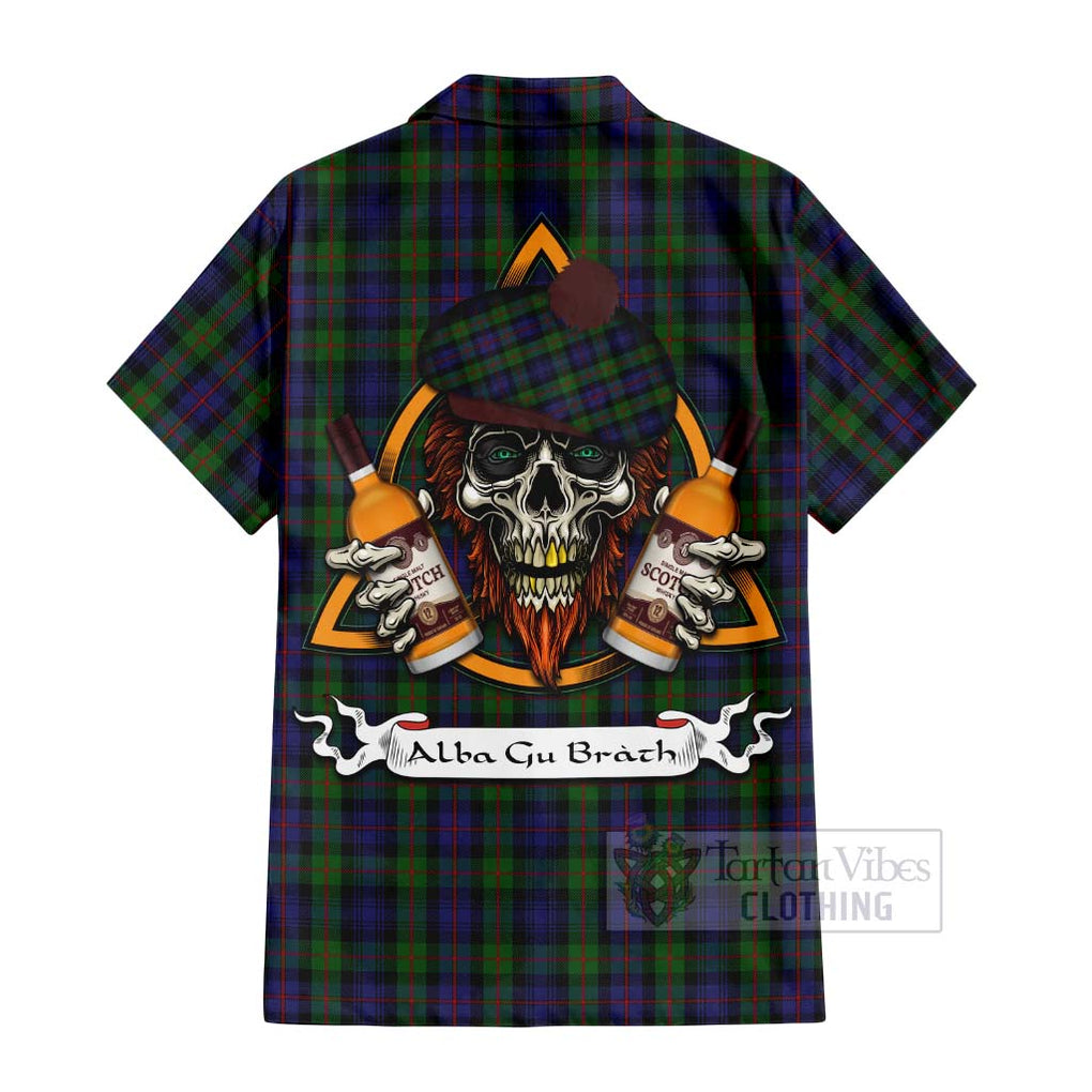 Tartan Vibes Clothing Murray Tartan Short Sleeve Button Shirt with Family Crest and Bearded Skull Holding Bottles of Whiskey