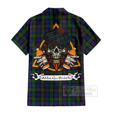 Murray Tartan Short Sleeve Button Shirt with Family Crest and Bearded Skull Holding Bottles of Whiskey