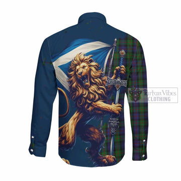 Murray Tartan Family Crest Long Sleeve Button Shirt with Scottish Majestic Lion Men's Shirt - Tartan Vibes Clothing