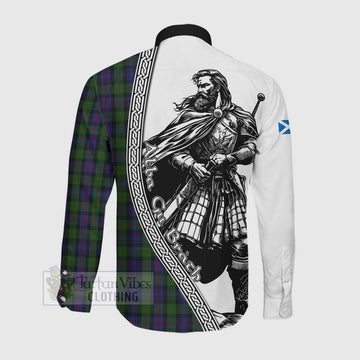 Murray Tartan Clan Crest Long Sleeve Button Shirt with Highlander Warrior Celtic Style Men's Shirt - Tartan Vibes Clothing