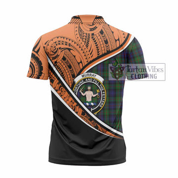 Murray Crest Tartan Zipper Polo Shirt with Polynesian Vibes Style - Orange Version