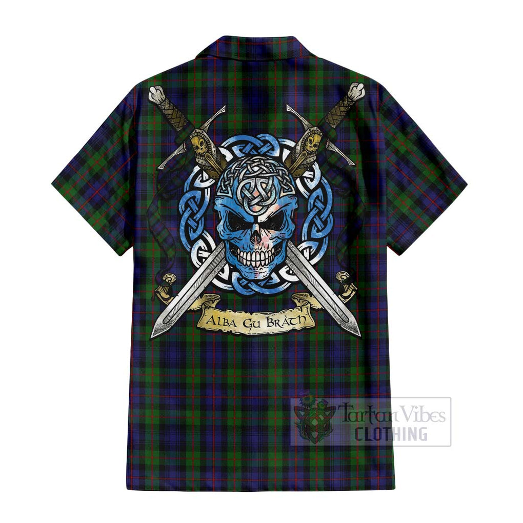 Tartan Vibes Clothing Murray Tartan Short Sleeve Button Shirt with Family Crest Celtic Skull Style