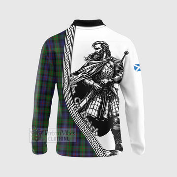 Murray Tartan Clan Crest Long Sleeve Polo Shirt with Highlander Warrior Celtic Style