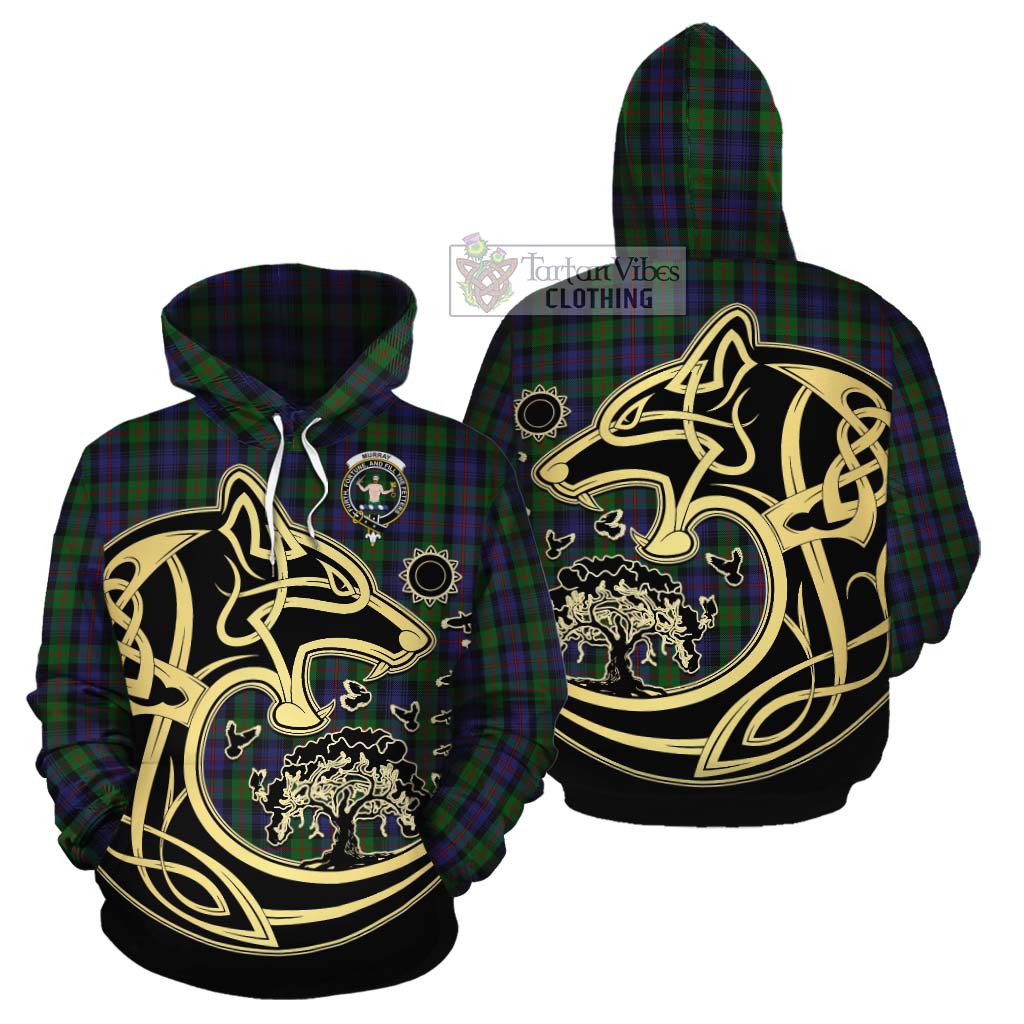 Tartan Vibes Clothing Murray Tartan Cotton Hoodie with Family Crest Celtic Wolf Style