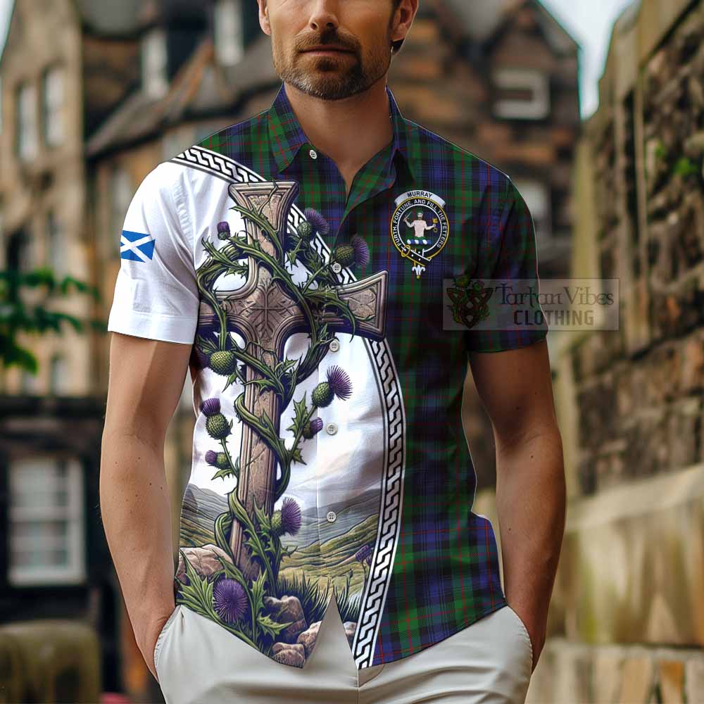 Tartan Vibes Clothing Murray Tartan Short Sleeve Button Shirt with Family Crest and St. Andrew's Cross Accented by Thistle Vines