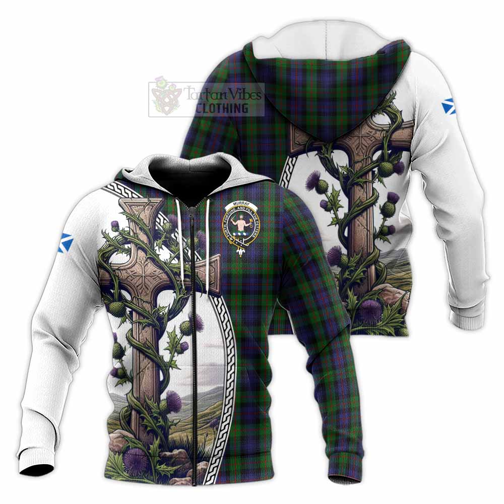 Tartan Vibes Clothing Murray Tartan Knitted Hoodie with Family Crest and St. Andrew's Cross Accented by Thistle Vines