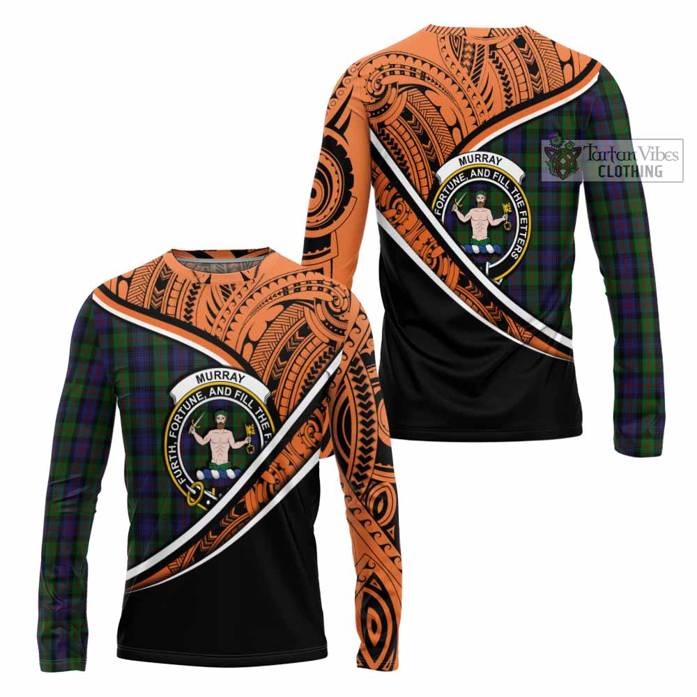 Tartan Vibes Clothing Murray Crest Tartan Long Sleeve T-Shirt with Maori Tattoo Style - Orange Version