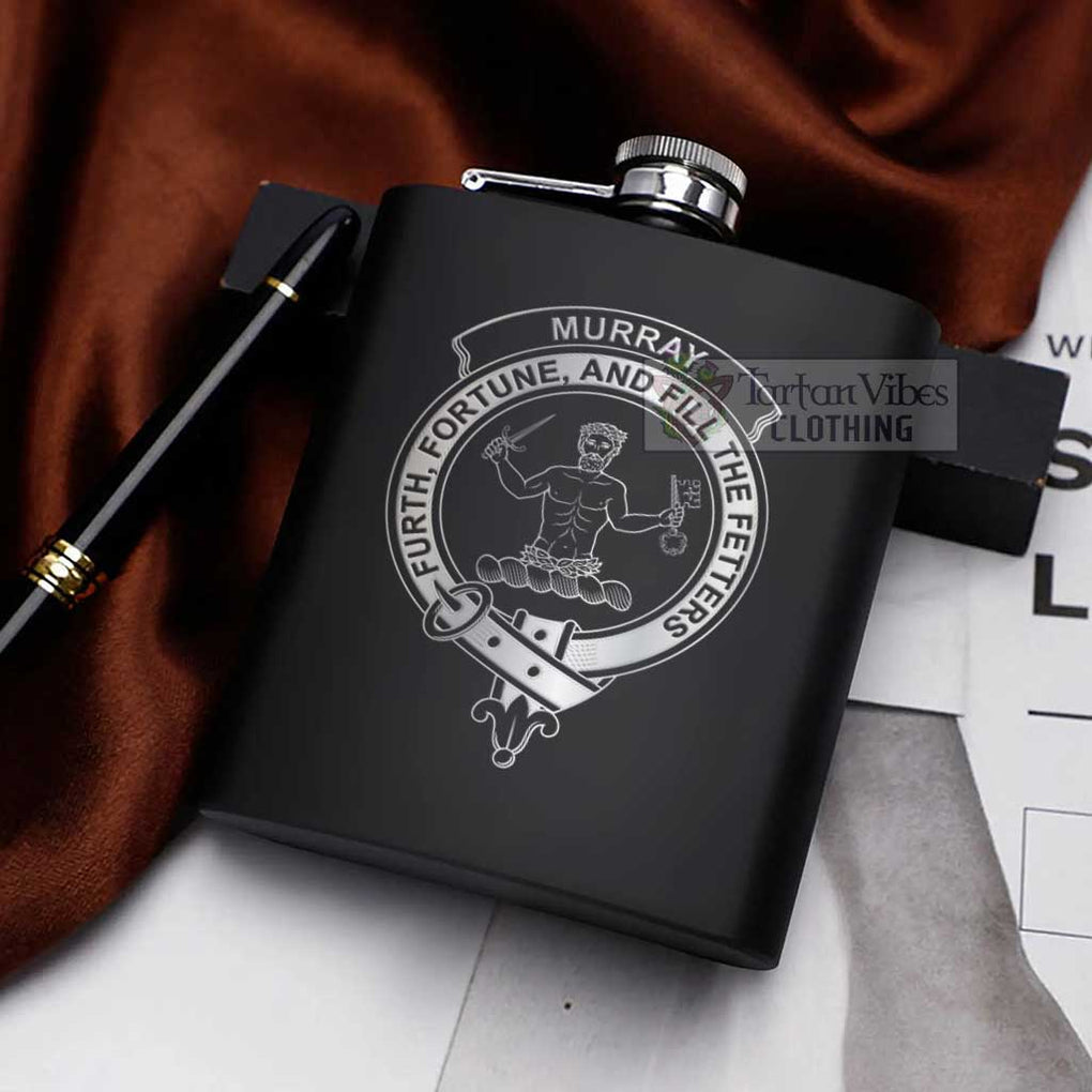 Tartan Vibes Clothing Murray Crest Hip Flask Set 7oz Black Stainless Steel with A Gift Box