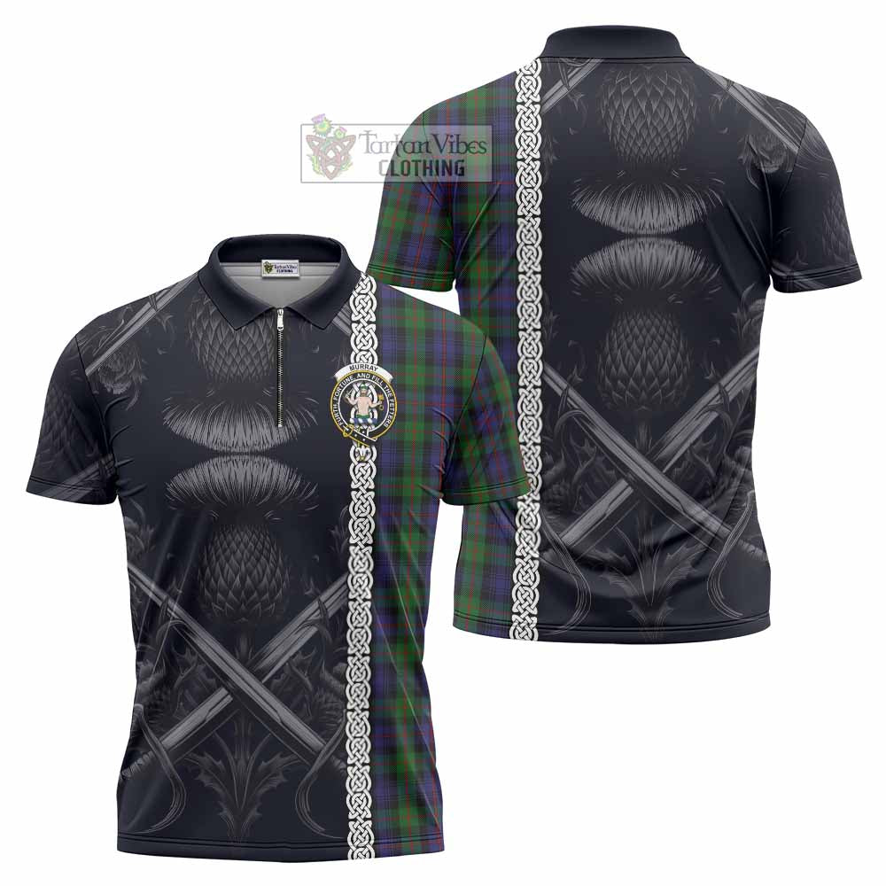 Murray Tartan Zipper Polo Shirt with Family Crest Cross Sword Thistle Celtic Vibes - Tartan Vibes Clothing