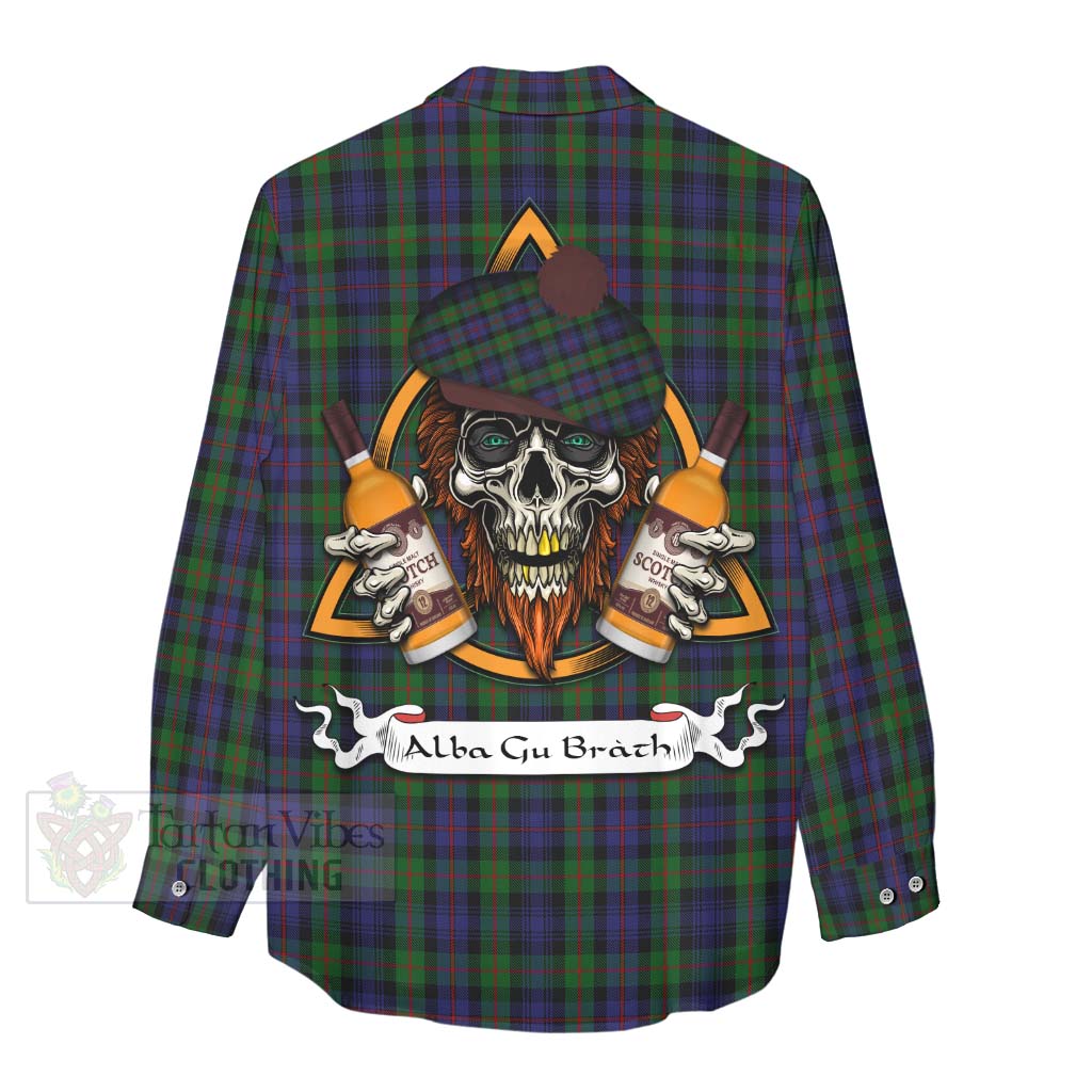 Tartan Vibes Clothing Murray Tartan Women's Casual Shirt with Family Crest and Bearded Skull Holding Bottles of Whiskey