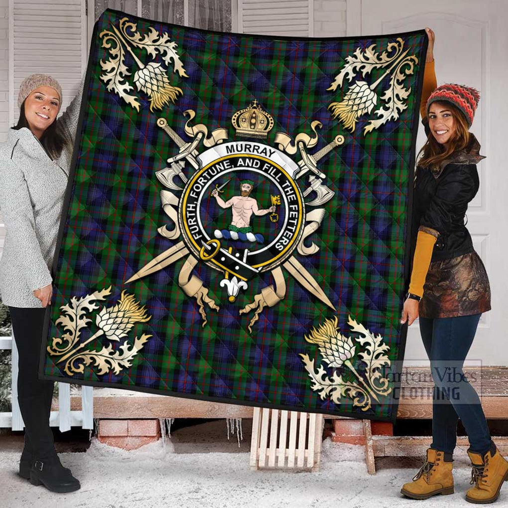 Tartan Vibes Clothing Murray Tartan Quilt with Family Crest and Scottish Golden Courage Shield